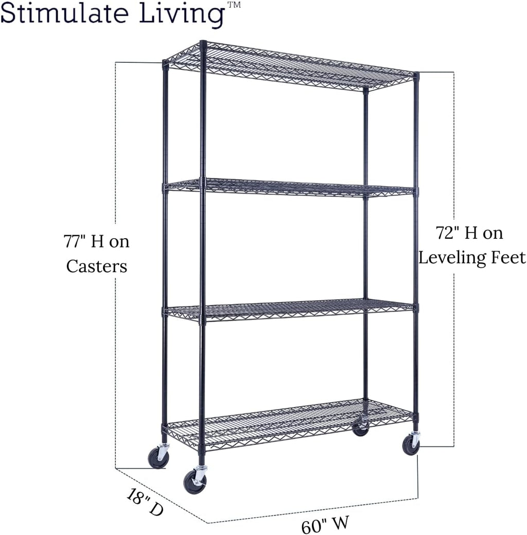 60"x18"x72" Prime Heavy Duty Black 4-Tier Wire Shelving NSF 3200 LBS MAX Capacity Storage Rack for Commercial, Hospital, School, Garage, and Kitchen Uses (with Wheels)