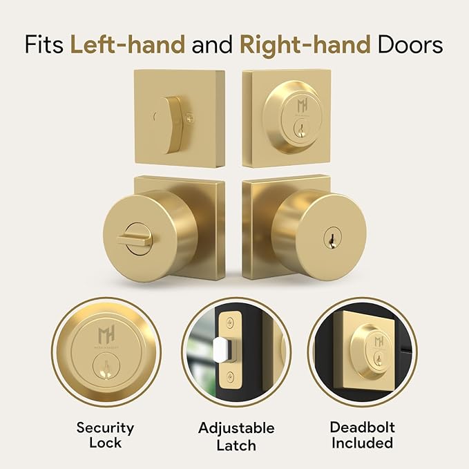 Mega Handles SUANA Entrance Combo, Door Knob and Cylinder Deadbolt and Key Combo, Heavy Duty Locking Door Knobs for Left or Right-Handed Doors – Satin Brass