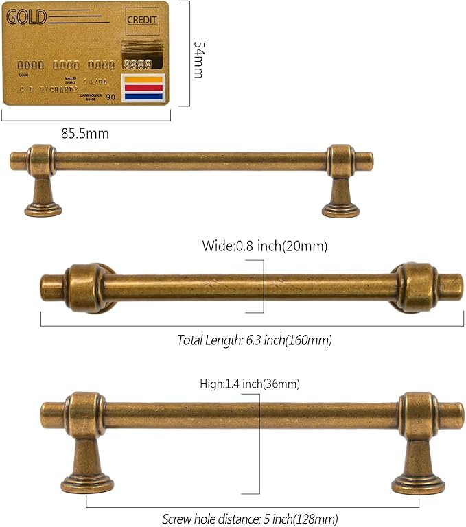 Amerdeco 10 Pack Antique Brass Cabinet Pulls 5 Inch(128mm) Hole Center Drawer Pulls Cabinet Hardware Kitchen Cabinet Handles for Bathroom ZH0069