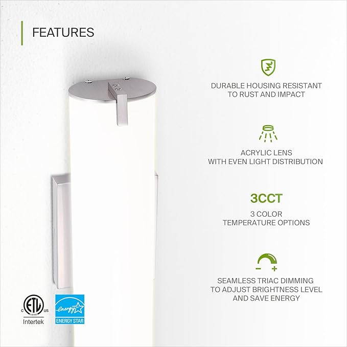 ASD LED 18" Vanity Wall Mount Light Fixture, Linear Bathroom Lighting Bar | 3CCT, Dimmable, Energy Star, ETL Listed | 20W 1500LM 3000-5000K 120V | Long Tube Bath Sconce Over Mirror | Nickel