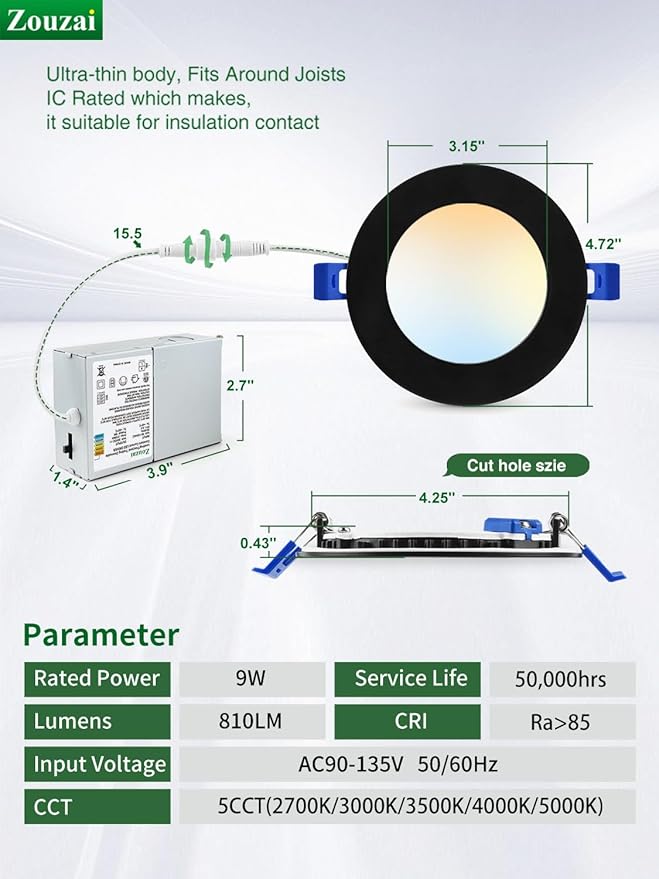 zouzai 1 Pack 4 Inch Black 5CCT Ultra-Thin LED Recessed Ceiling Light with Junction Box, 2700K/3000K/3500K/4000K/5000K Selectable, 9W Eqv 80W, Dimmable led can Lights - ETL and Energy Star Certified