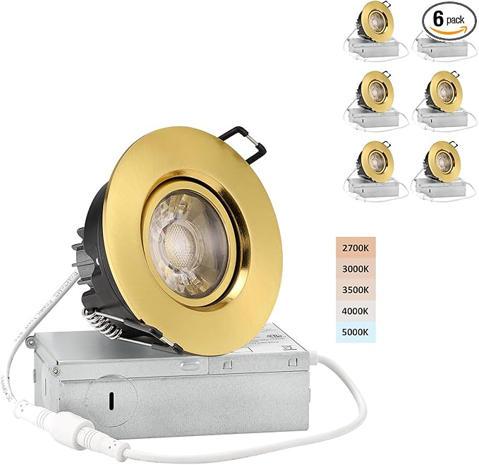 Premium 3-inch LED Recessed Lights - 5 CCT 3 Inch Eyeball Ceilling Gimbal Potlight, Dimmable Recessed Lights Fixture with Junction Box, 8W CCT Adjustable, Shiny Gold, 6P