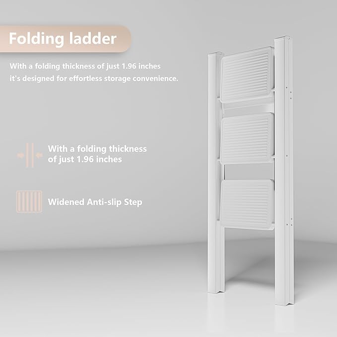 White Step Ladder White 3 Step Folding, Sturdy 330 Lbs Small Step Stool for Adults, Closet Step Stool Ladder with Anti-Slip Wide Pedals, Portable Folding Ladder for Home Kitchen Office