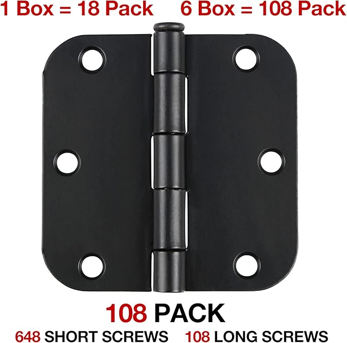 108 Pack Rounded Matte Black Door Hinges 3.5 Inch 5/8" Radius for Interior 3 1/2" Flat Iron Bifold Residential Standard Hinge Bedroom Indoor for Doors 3 ½"Hardware Heavy Duty Steel Regular Home Kit