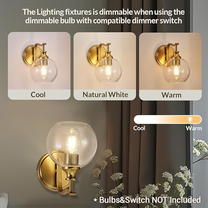 ANDY STAR Brushed Gold Bathroom Light Fixtures, Brass Vanity Lights for Mirror, 1-Light Bathroom Wall Sconces Lighting with Globe Clear Shade Up or Down Wall Mounted for Kitchen, Living Room, Hallway