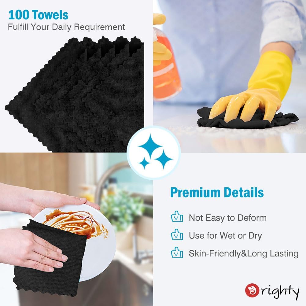 Orighty Black Microfiber Cleaning Cloth, 100 Pack Highly Absorbent Cleaning Supplies, Lint Free Kitchen Towels Cleaning Rags, Microfiber Towels for Cars, House, Window, 12x12 inch