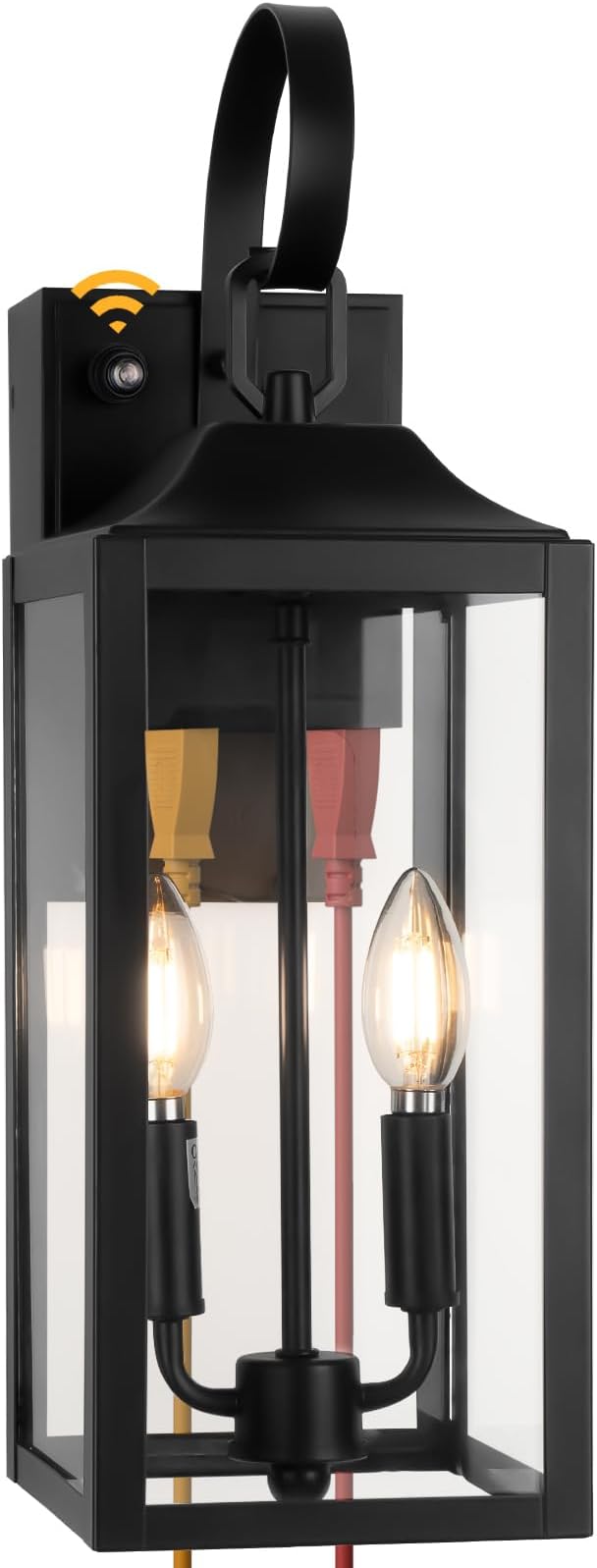 Large Porch Lights with GFCI Outlet, 19" Black Dusk to Dawn Outdoor Wall Lantern 2-Light, Exterior Lighting Fixtures with GFCI Outlet Built-in, Waterproof Outdoor Wall Sconce for House Front Door
