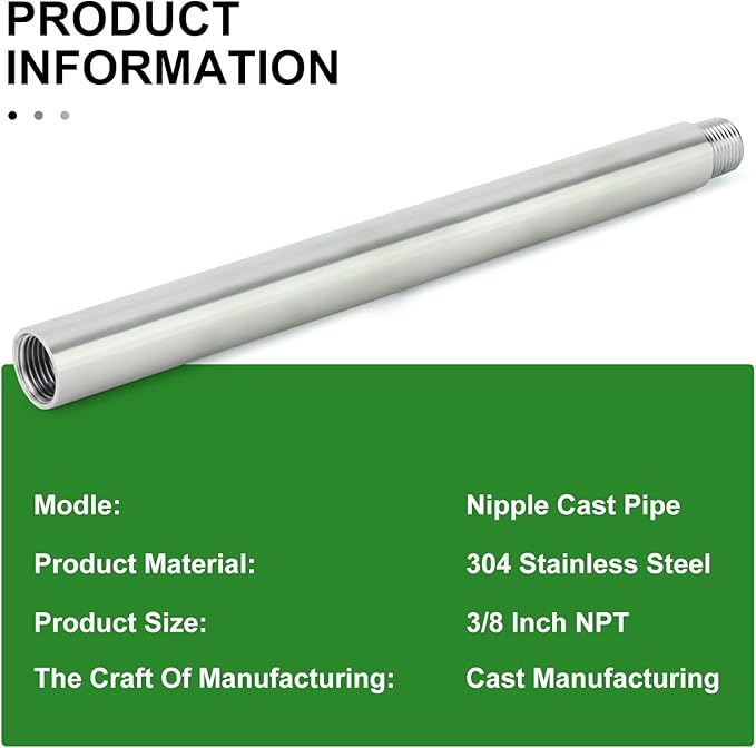 TAISHER 2PCS Stainless Steel Pipe Fittings, 3/8" NPT Male x 3/8" NPT Female Threaded, 12" Length Nipple Cast Pipe