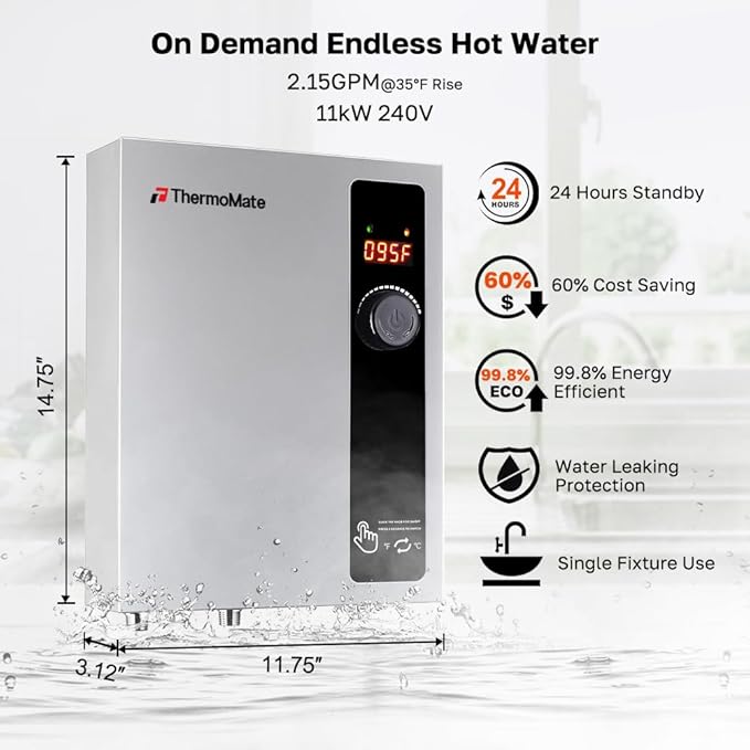 ThermoMate Electric Tankless Water Heater, 11kW 208~240 Volt, On Demand Instant Hot Water Heater, Self Modulating Energy Saving, Save Space, 2.15GPM at 35°F Rise