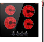 VEVOR Electric Ceramic Cooktop, Built-in Electric Stove Top, with Glass Panel, Knob Control, 11 Heat Levels, for Diverse Cooking Requirements (24inch-4burners/220V)