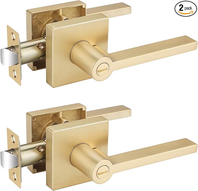 EHOMEWARE 2 Pack Door Knobs Interior, Bathroom Bedroom Door Locks Door Handles in Satin Brass Finish, Heavy Duty Keyless Privacy Door Handles with Locks, Sleek Design & Durable Construction