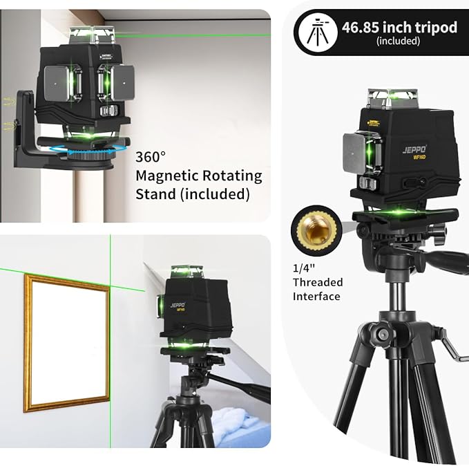 JEPPO Laser Level with Tripod,4D Green Laser Level 4x360 Self Leveling,16 Line Lazer Leveler Tool for Construction,Floor Tile,APP Remote Control,5000mAh Rechargeable Battery,Magnetic Rotating Stand