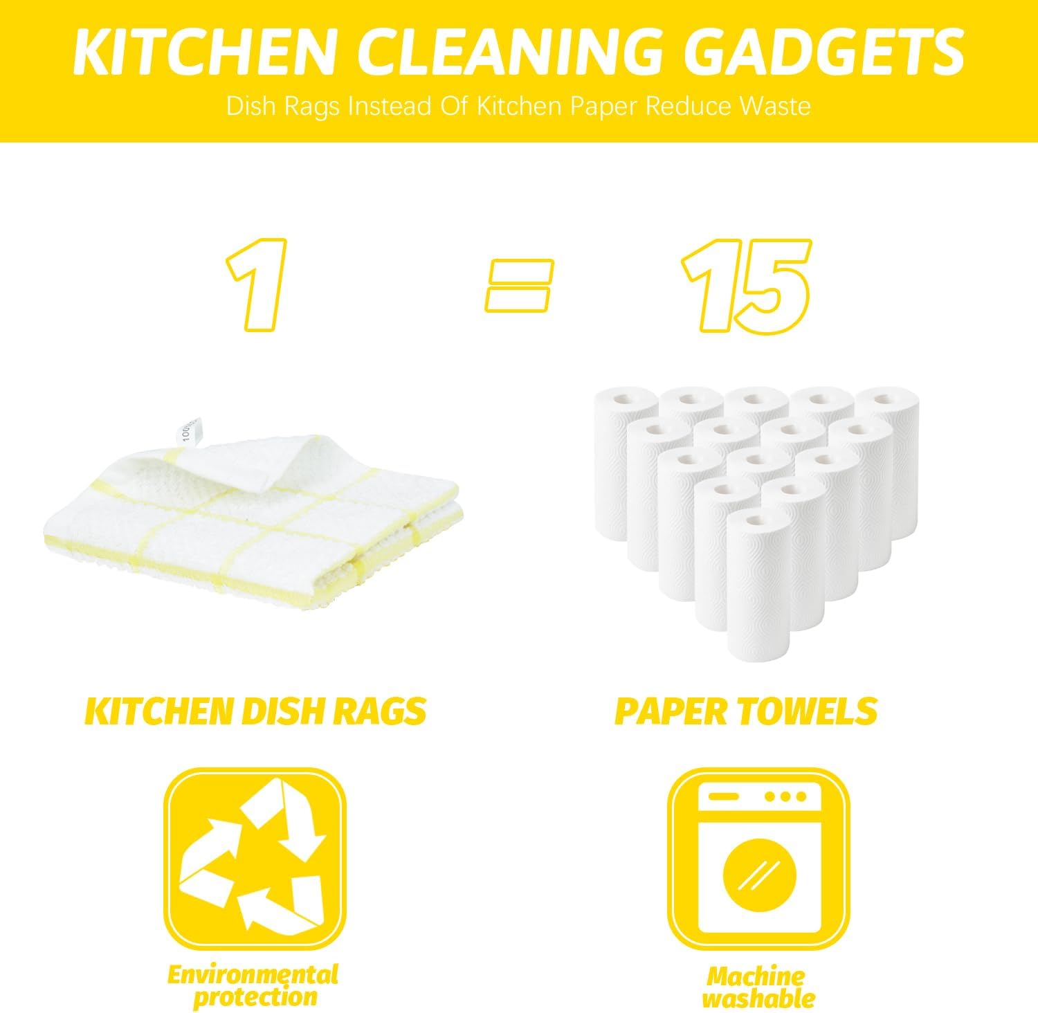 Nialnant 8 Pack Dish Cloths for Washing Dishes, 100% Cotton Reusable Cleaning Rag, Quick Drying Dish Towels for Kitchen,12x12 Inches,Yellow