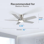 42 Inch Ceiling Fans with Lights and Remote, Brushed Nickel Flush Mount Low Profile Ceiling Fan for Bedroom, Living Room, Patio, Dimmable 6 Speeds Noiseless Reversible, ETL Listed
