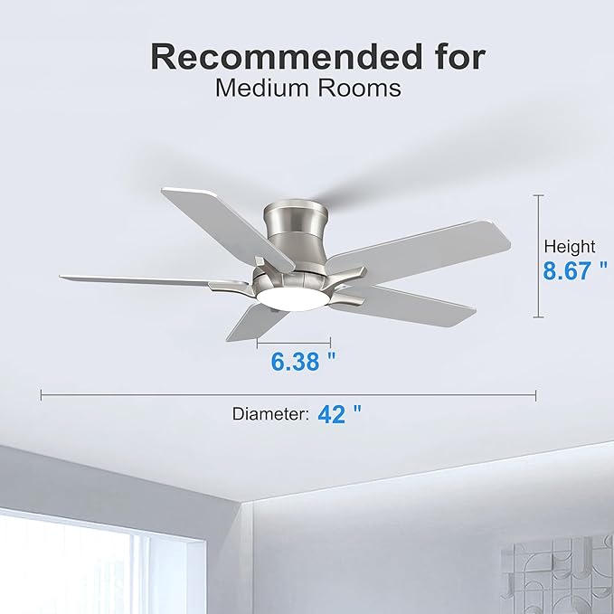 42 Inch Ceiling Fans with Lights and Remote, Brushed Nickel Flush Mount Low Profile Ceiling Fan for Bedroom, Living Room, Patio, Dimmable 6 Speeds Noiseless Reversible, ETL Listed