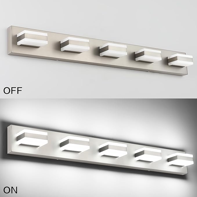 SOLFART 5 Light Bathroom Vanity Light Brushed Nickel Bathroom Vanity Light Fixtures Over Mirror Led Lights for Restroom Nickel