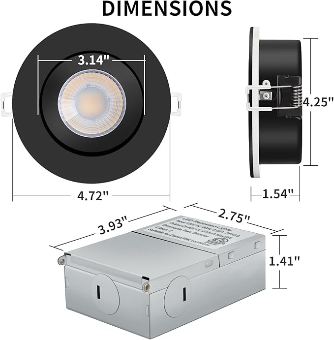 Black Gimbal recessed Lights 4 Inch 6 Pack, Gimbal canless recessed Lights with Junction Box,9W 750LM,Dimmable,5CCT Selectable,Air Tight