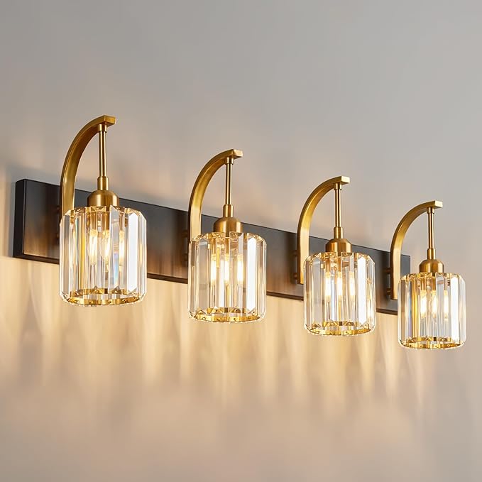 4-Light Crystal Vanity Light, Modern Black Gold Bathroom Wall Sconce with K9 Crystal Shades, 32.67" Long Over Mirror Lighting for Vanity, Makeup, Hallway, Elegant & Easy Install