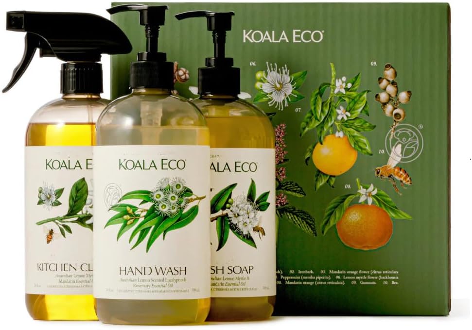 Koala Eco Gift Set of 3 Includes: Kitchen Cleaner, Dish Soap, Hand Wash, Beautifully Packaged - Australian Lemon Eucalyptus, Lemon Myrtle & Rosemary Essential Oil, 16 oz (3 Pack)