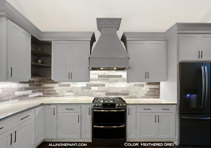 ALL-IN-ONE Paint, Durable cabinet and furniture paint. Built in primer and top coat, no sanding needed. Includes our 30 featured color card - Heathered Gray (light cool gray), Quart