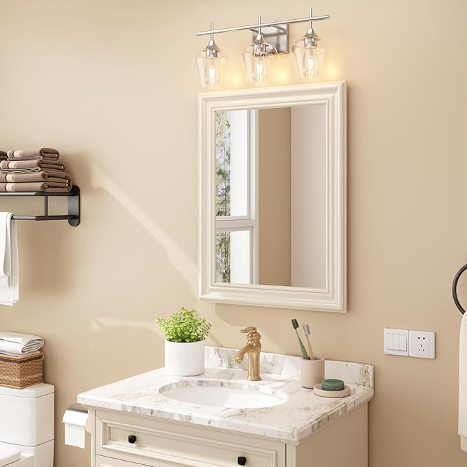 Vanity Bathroom Light, 3-Light Bathroom Light Fixtures Over Mirror, Silver Vanity Lights for Bathroom with Clear Glass, Modern Wall Lamp for Cabinet Hallway, Bedroom