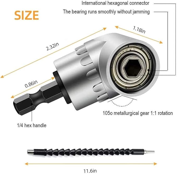 Flexible Drill Bit Extension Set, Includes 105° Right Angle Drill, Bendable Drill Extension, 3pcs 1/4 3/8 1/2" Universal Socket Adapter Set, 3pcs Drill Bit Holder, Screwdriver Bit Kit