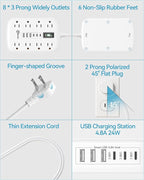 Short Extension Cord 3ft - 2 Prong Power Strip Surge Protector with 8 Outlets 6 USB Ports(3 USB C)4.8A/24W Charging Station, 3 prong to 2 prong adapter Wall Mount for Travel Dorm Room Essentials White