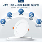 Amico 24 Pack 4 Inch 5CCT Ultra-Thin LED Recessed Ceiling Light with Junction Box, 2700K/3000K/3500K/4000K/5000K Selectable, 800 Lumens, Dimmable Canless Wafer Downlight, 10W Eqv 60W-ETL&FCC