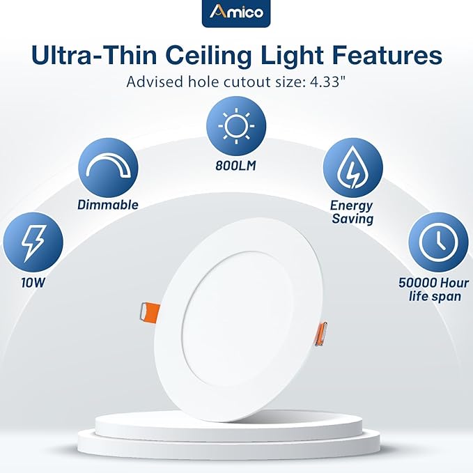 Amico 24 Pack 4 Inch 5CCT Ultra-Thin LED Recessed Ceiling Light with Junction Box, 2700K/3000K/3500K/4000K/5000K Selectable, 800 Lumens, Dimmable Canless Wafer Downlight, 10W Eqv 60W-ETL&FCC