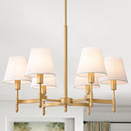 27'' Gold Chandelier Chandelier for Dining Room with White Fabric Shades, 6-Light Modern Farmhouse Chandelier Adjustable Brass Pendant Light Fixture for Living Room Kitchen Entryway Foyer
