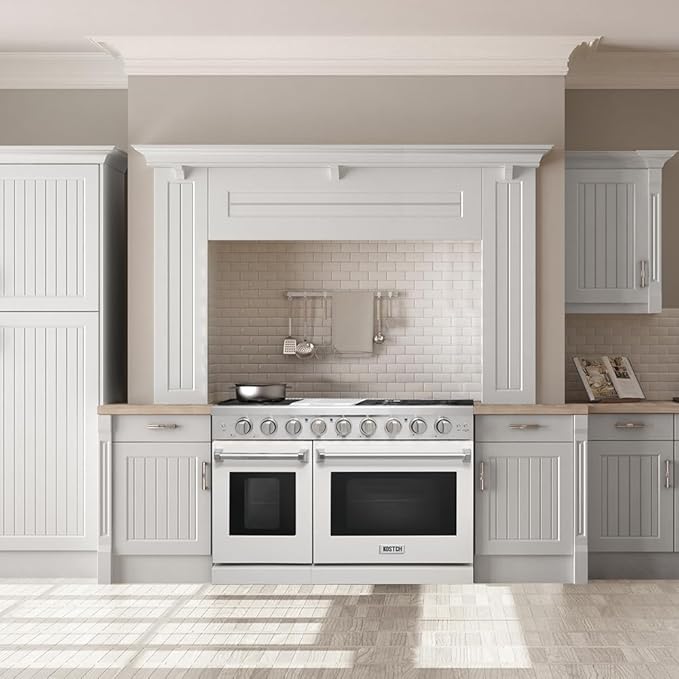 48 Inch Pro-Style Propane Gas Range with 6 Burners & 1 Griddle Cooktop, Double 4.6 cu. ft. and 2.2 cu. ft. Oven, in Stainless Steel - KOS-48RG03MLP (White)