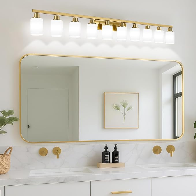 Gold Bathroom Vanity Light,10-Light Brushed Gold Bathroom Light Fixtures with White Frosted Glass,64.5in Wall Lamp Sconces for Mirror Bedroom,Living Room Hallway,E26
