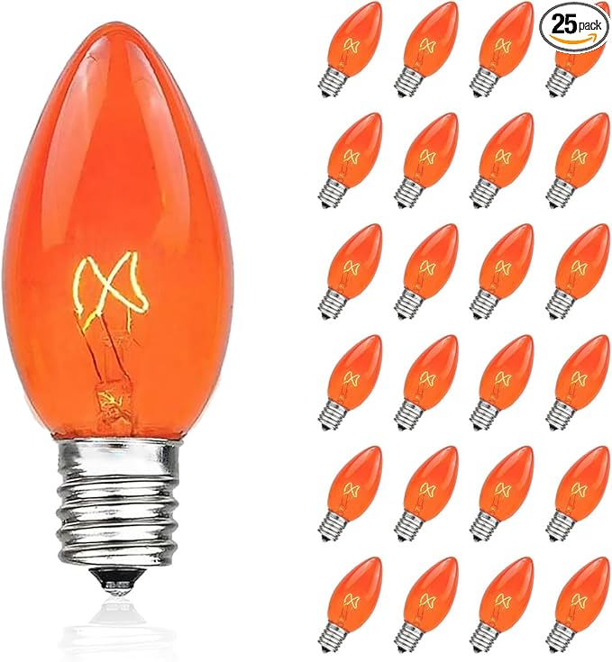 25 Pack C7 Replacement Bulbs, Orange Halloween Light Bulbs, E12 Candelabra Base 5W Incandescent for Outdoor String Lights, Christmas Tree Patio Porch Holiday Party Decor