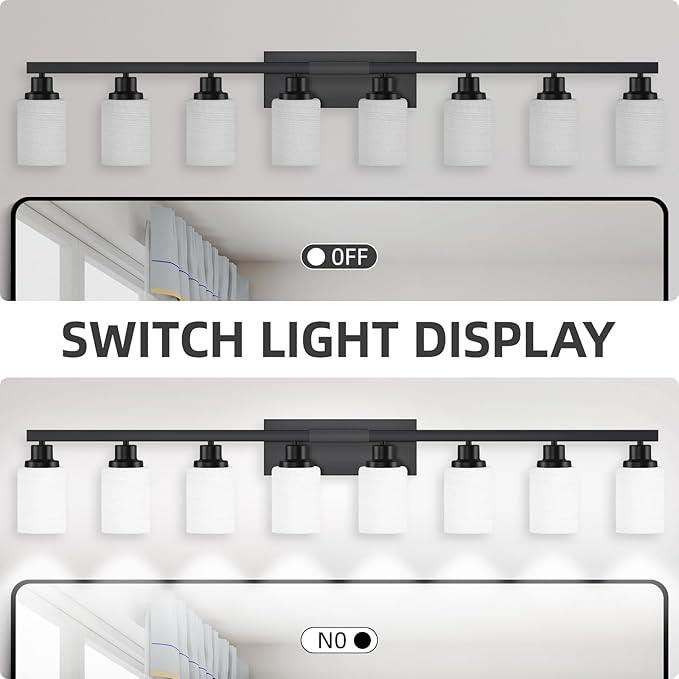 8-Light Bathroom Light Fixtures Over Mirror, 52inch Modern Matte Black Vanity Lights with White Frosted Glass Shade, Bathroom Wall Lamp Sconces for Mirror Bedroom, Living Room Hallway
