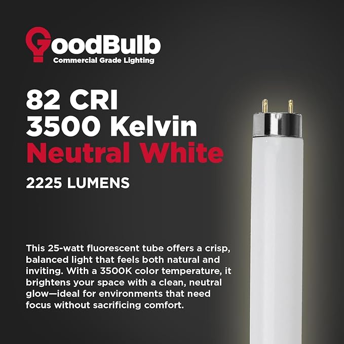 GoodBulb 25W 36 Inch T8 Fluorescent Light Bulb 3500K Soft White Light Color, Medium Bi-Pin Base 2225 Lumens 86 CRI 36000 Life Hours Instant/Programmed Start 25 Bulbs Pack