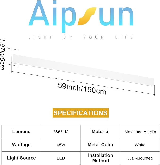 Aipsun Porch Wall Lights 59inch Long Strip Modern LED Outdoor Wall Light Fixture, 1 Pack White Wall Mount Lighting Sconce Exterior Lights Wall Sconce Long Linear Outside Lighting 3000K