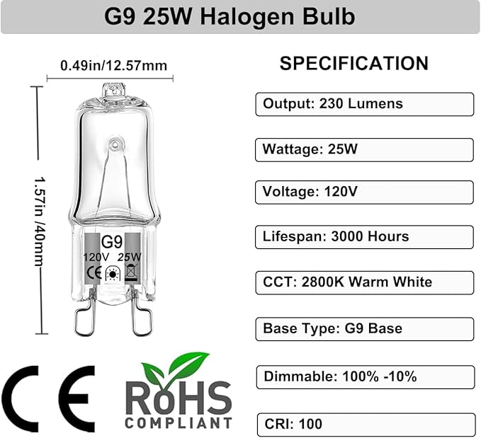 G9 Halogen Bulb 25W 10-Pack - Long Lasting, Dimmable 2800K Warm White Light Bulbs, 120V, 2-Pin Base for Chandelier, Range Hood Light