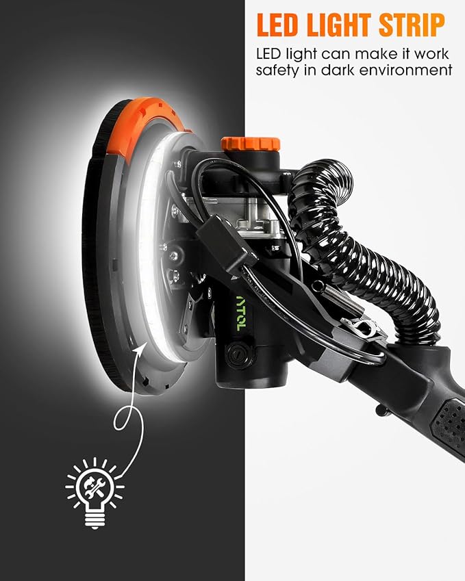 Electric Drywall Sander with Vacuum Dust Collection, Variable Speed, LED Light, Foldable Handle, Sanding Discs & Grids