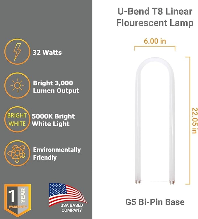 Diodesy- U-Bend T8 Fluorescent Tube Light Bulb 32W 3000 Lumens 5000K Bright White G13 Miniature Bi-Pin Base Rohs Compliant Pack of 12- U Shaped Linear Replacement Lamp