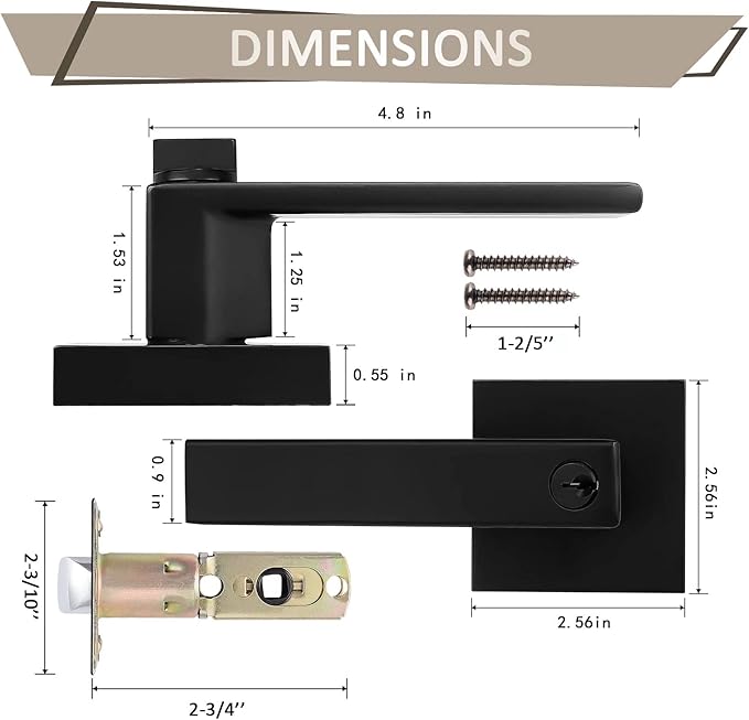 Probrico 2 Pack Entry Door Lever with Lock and Key,Entrance Door Handles for Office and Front Door,Matte Black Door Knobs Keyed Alike Same Key Lockset (Each with 3 Keys)