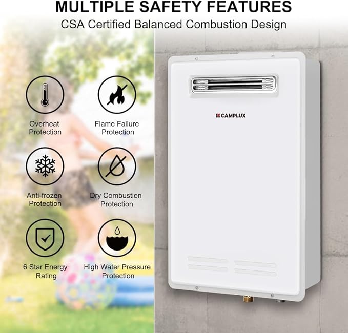 CAMPLUX Climatech 5 150,000 BTU Tankless Water Heater Propane Outdoor, 5.28 GPM On Demand Instant Tankless Hot Water Heater Liquid Propane, Outdoor Installation, White, WA528