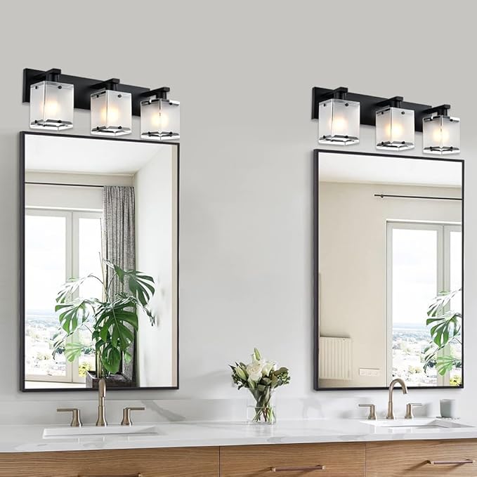 3-Lights Bathroom Light Fixture Over Mirror, Modern Black Wall Sconce Vanity Lighting Fixtures with Rectangular Frosted Glass Shade for Bathroom Kitchen Bedroom, E26 Bulb Base