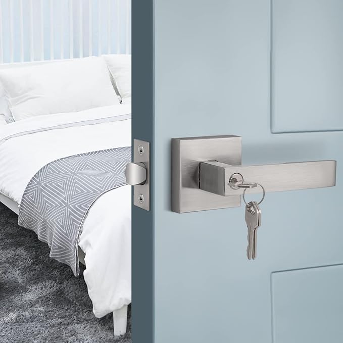 Gobrico 2 Pack Keyed-Alike Entry Door Levers with Same Key,Satin Nickel Finished,Interior Doors Exterior Doors Use, Square Door Locksets Handles