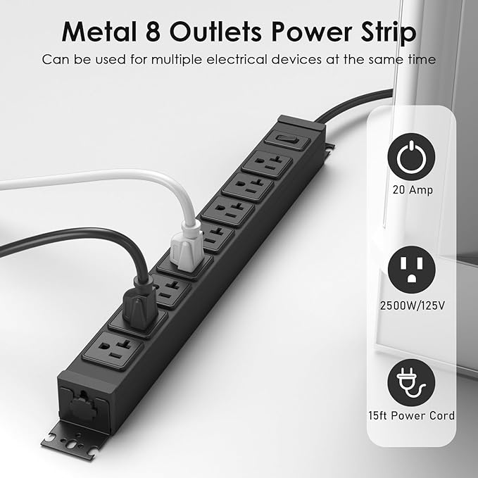 JUNNUJ Heavy Duty Power Strip Wall Mount, 20 Amp Surge Protector 1200J Metal 8 Outlet Under Desk Mounted 20A, Garage Power Table Socket Industrial Outlets 6-20R T-Slot, Black-15FT 12AWG Extension Cord