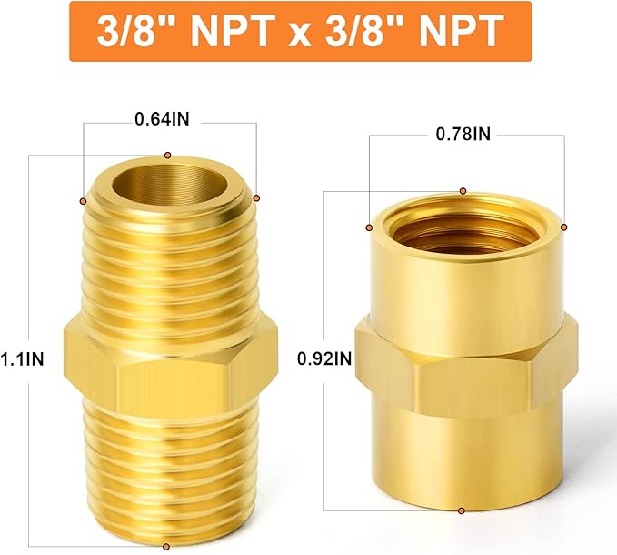 GASHER 4PCS Metals Brass Pipe Fitting, Hex Nipple Brass Hex Coupler, 3/8" x 3/8" NPT Male Thread Pipe, 3/8 Inch x 3/8 Inch NPT Female Thread Pipe