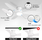 48" Ceiling Fan with Light amd Remote, White Flush Mount Ceiling Fan with 3 Blades,3 Color Light, 6 Speed, Queit DC Motor, for Bedroom/Outdoor/Patios, White