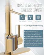 Kitchen Faucet, Brushed Gold Kitchen Faucet with Soap Dispenser and Deck Plate, Faucet for Camper Farmhouse RV Kitchen Sink, Single Handle Stainless Steel Kitchen Sink Faucets with Pull Down Sprayer