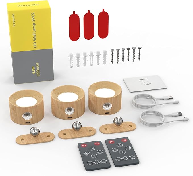 Koopala 3PACK Rechargeable LED Wall Sconce, Cordless Battery with Remote Powered Wall Sconce, 3 Brightness Levels, 360° Swivel Magnetic Shade for Reading Bedside, Wood Grain Color.