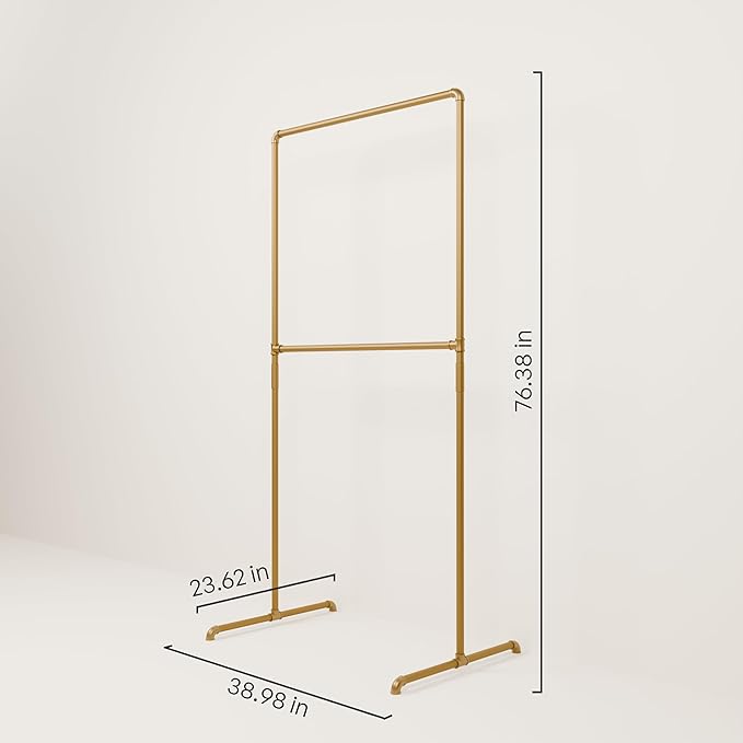 pamo Gold Clothing Rack – 38.98" W x 76.38" H – Industrial Pipe Metal Garment Organizer for Bedroom or Retail – Heavy-Duty Clothes Rack – Easy Assembly