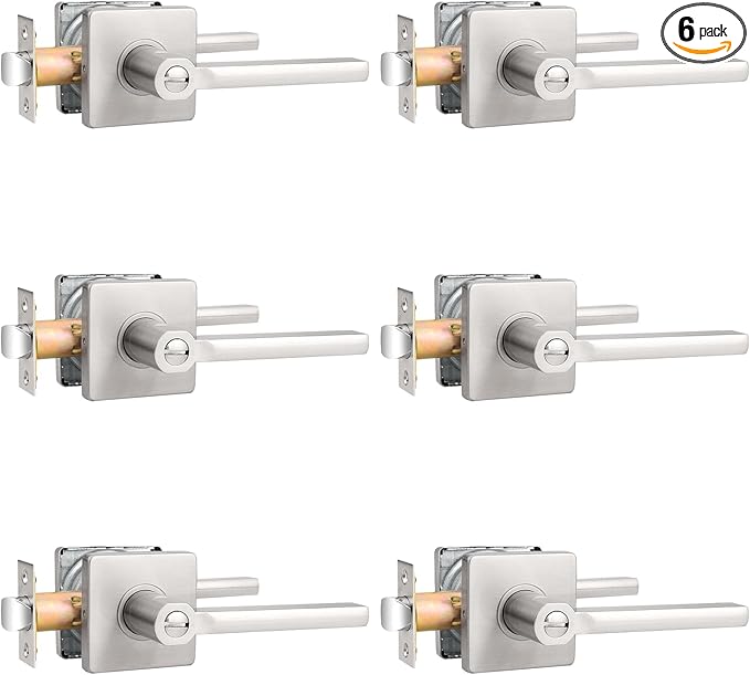 Probrico Privacy Door Handle Interior Heavy Duty Square Brushed Nickel Door Knobs for Bedroom Bathroom Reversible Keyless Door Lever Satin Nickel, 6 Pack